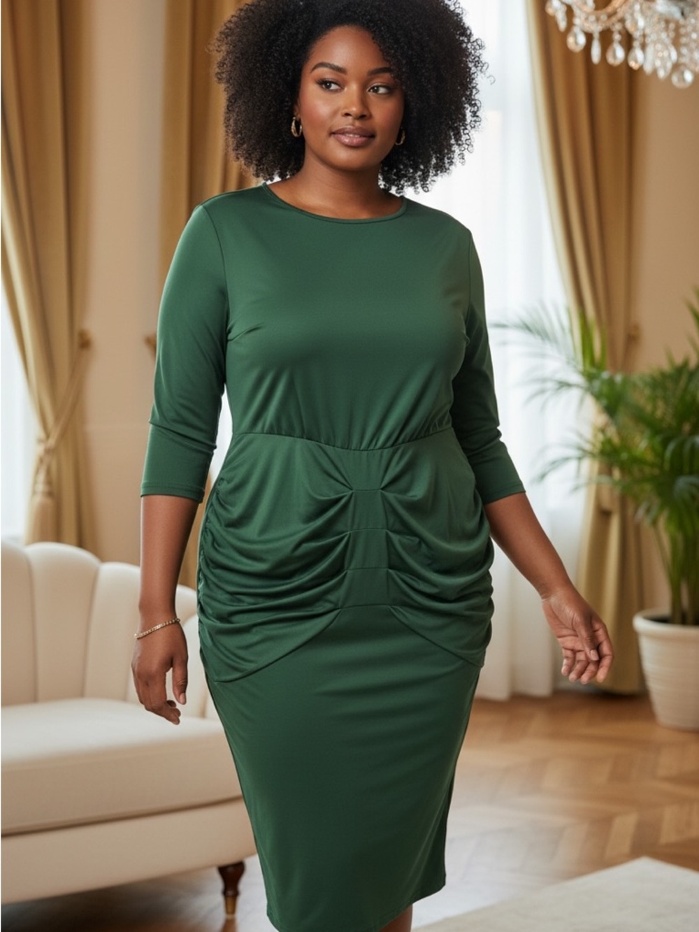 SHEIN Forest Green Ruched Midi Dress